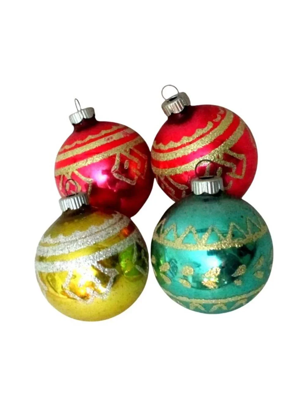 Set of 4 Vintage Shiny Brite Glass Christmas Ornaments – Glitter Design, 2.5 Inc